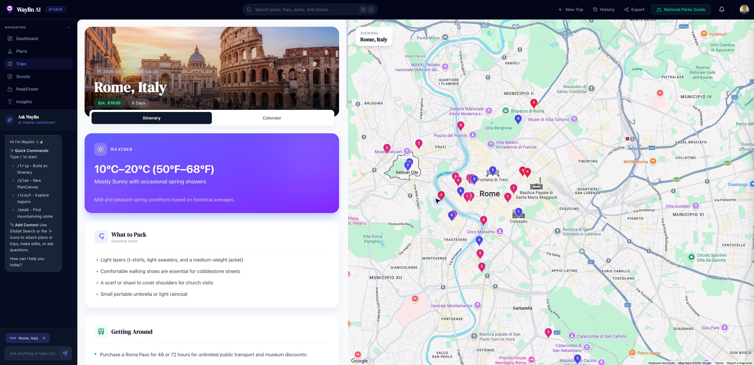 Waylin AI planner showing a Rome itinerary and map